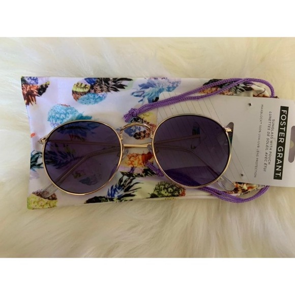 Foster Grant Gold Round Sunglasses with Pineapple Print Pouch New - Picture 1 of 2